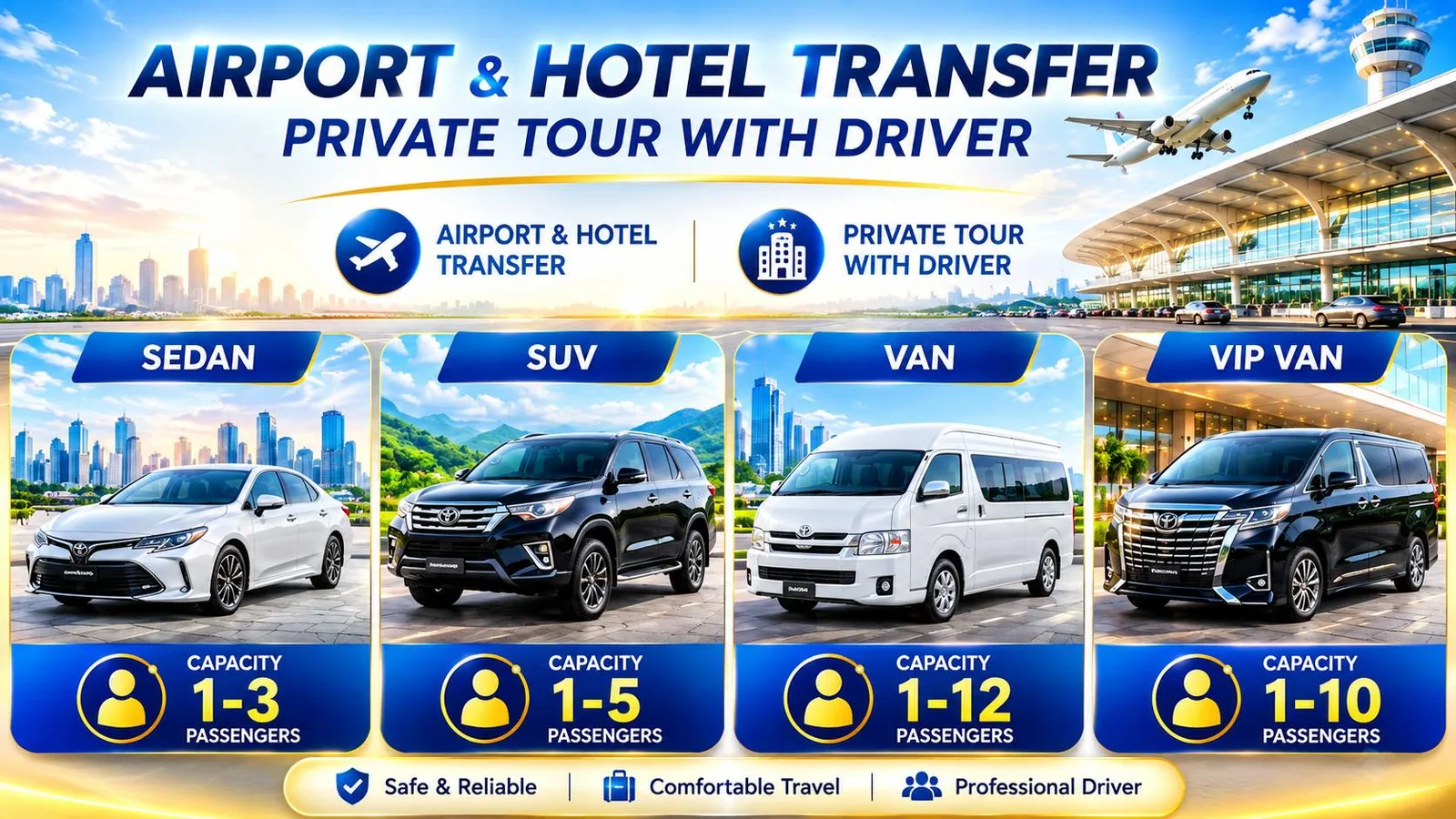 Airport and hotel transfer, private tour with driver — sedan, SUV, van and VIP van by OneDD Tour